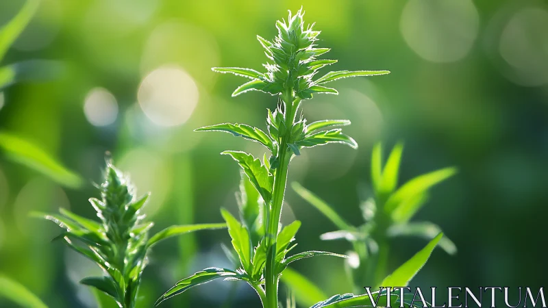 Sunlit green plant in soft-focus bokeh garden scene.