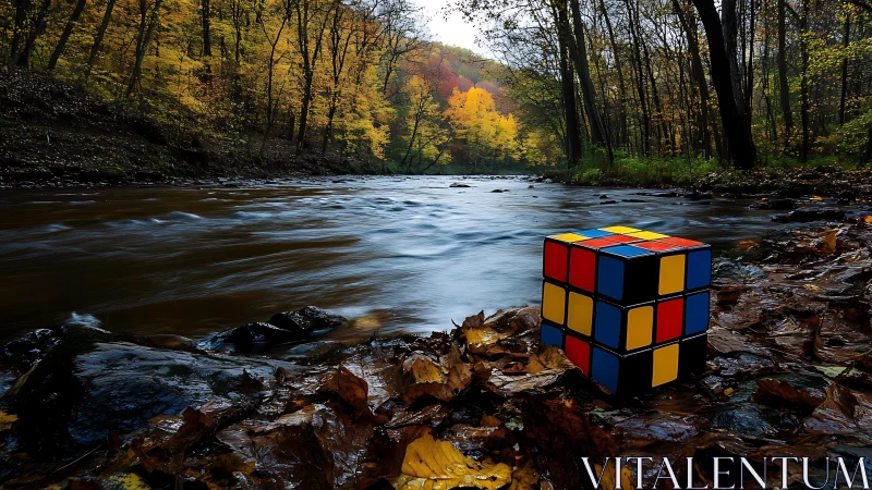 Rubik’s Cube contrasts autumn riverbank under long exposure flow