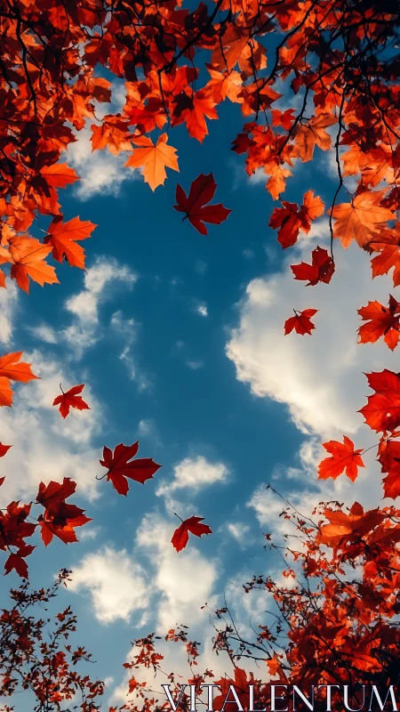Autumn foliage aperture framing dynamic clouded sky study.