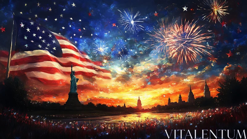 Glowing patriotic night with fireworks over a sunset city.