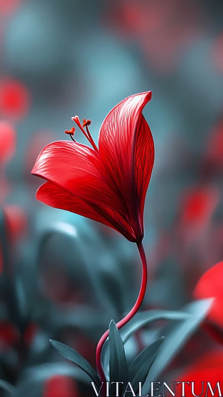 Scarlet lily glows against teal bokeh garden blur.