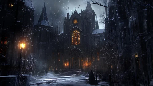 Gothic cathedral glows over snowbound street at night.