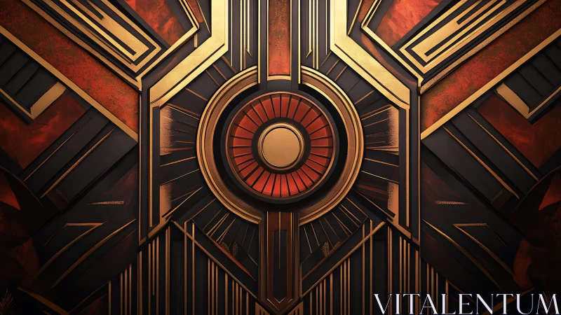 Geometric circular emblem anchors metallic art deco panel