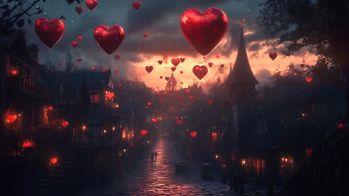 Luminous hearts float over gothic cityscape at dusk.