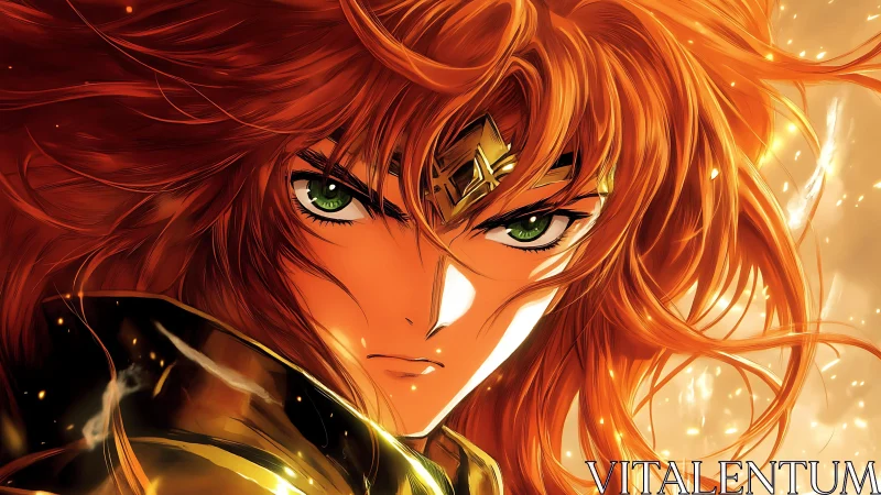 Fiery haired warrior bathed in golden light and resolve.