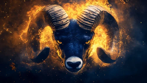 Flaming ram head rendered with high-contrast lighting and dynamic fire effects