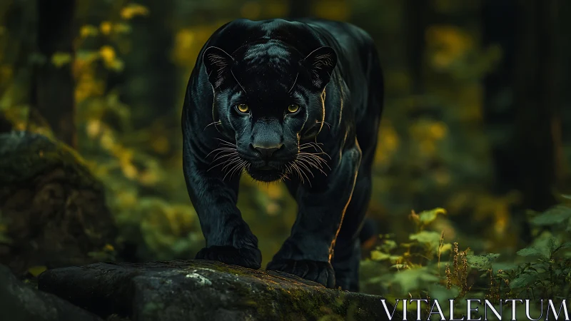 Black panther stalking forward in dense green forest.