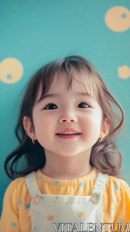 Young girl smiling brightly against turquoise background with bokeh