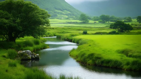 Green valley river under low mist and rolling hills.