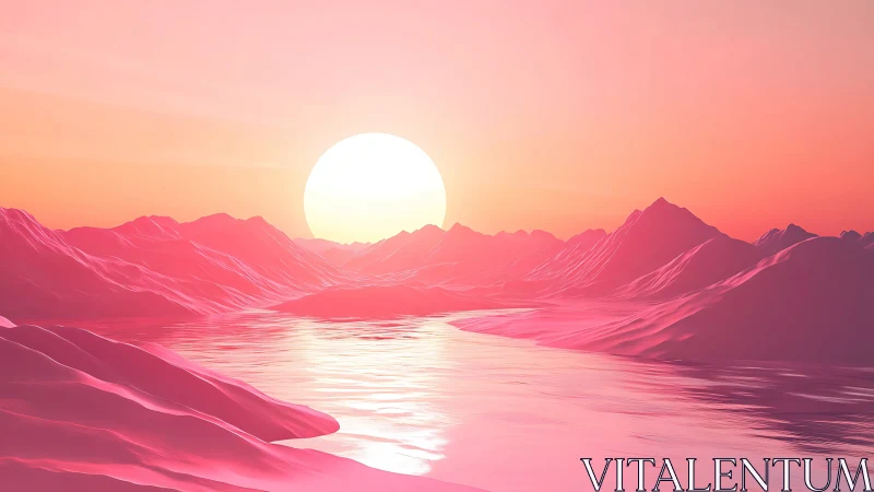Pink digital mountains with reflective lake at sunset.