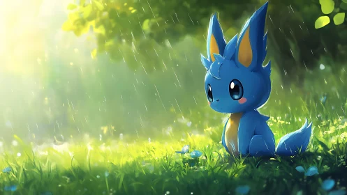 Blue forest sprite listens to soft rain in glowing meadow.