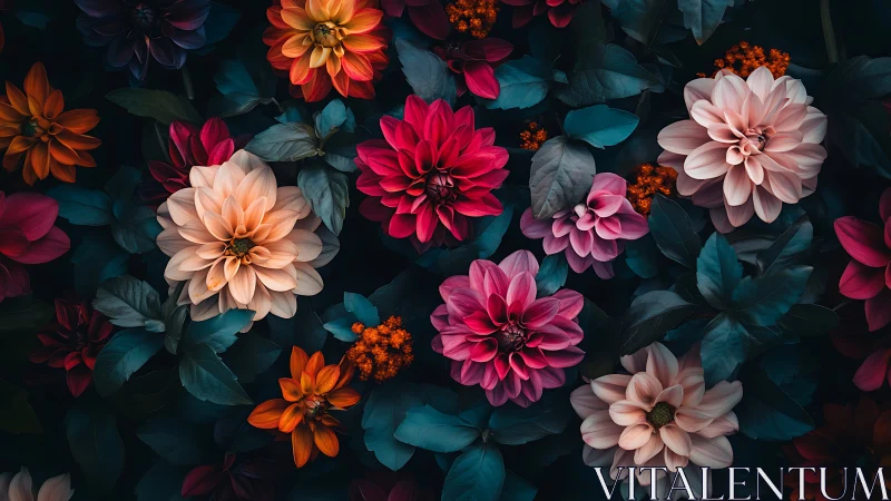 Vibrant Dahlia Arrangement with Moody Teal Foliage.