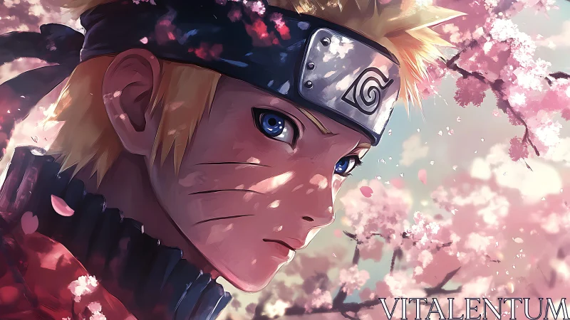 Anime ninja portrait amid drifting pink sakura blossoms.