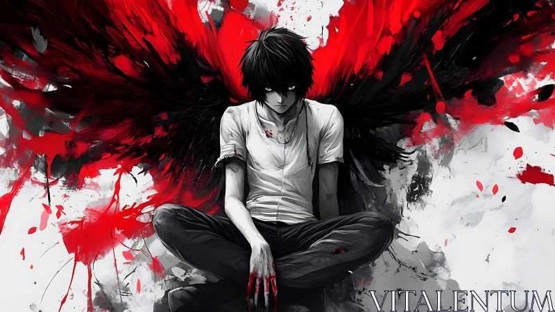 Brooding dark angel sits amid violent red wings.