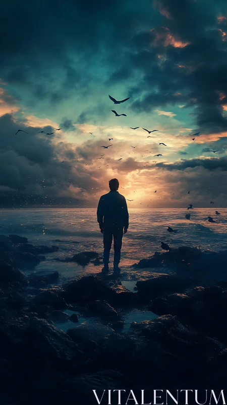 Quiet silhouette standing with birds under a glowing sky.