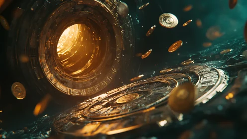 Cylindrical crypto vault tunnel with luminous coin vortex