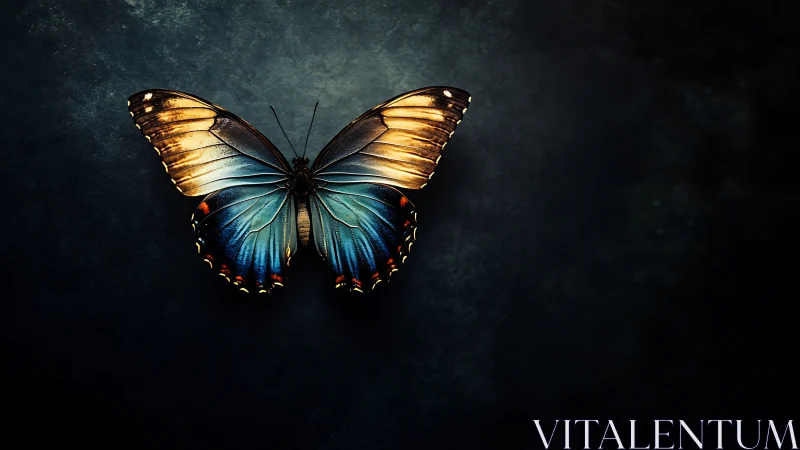 Luminous butterfly spreads iridescent wings on dark void.