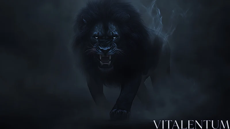 Black lion emerging from dark mist in low key lighting.