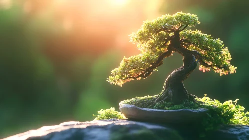 Sunlit bonsai guardian cradling dawn in tiny emerald leaves.