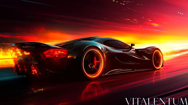 Blazing hypercar slicing through neon sunset speedway.