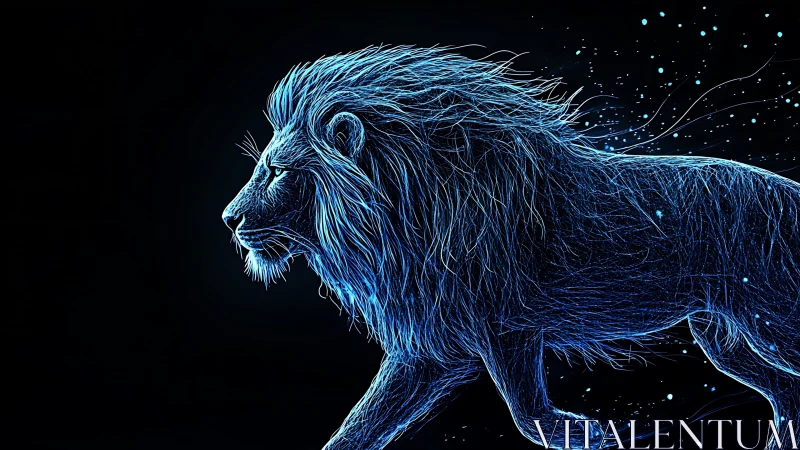 Neon blue lion profile outlined on dark black background.