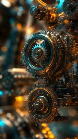 Interlocked brass gear assemblies glow under teal and amber light