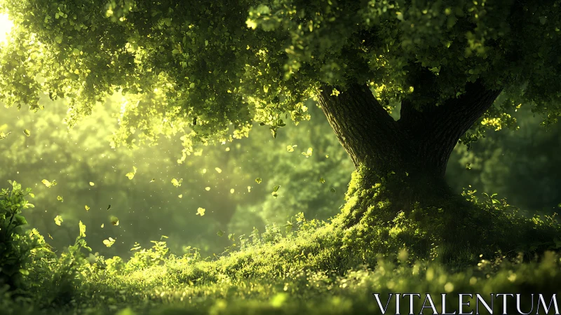 Sunlit forest tree anchors a luminous, leaf-filled clearing