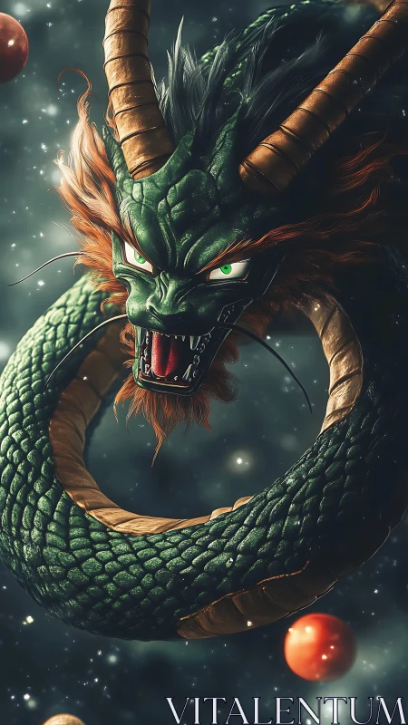 Mythic emerald dragon coiled in sparkling cosmic starlight.