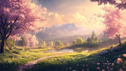 Blossom-laced valley lake beneath shy pastel mountains.