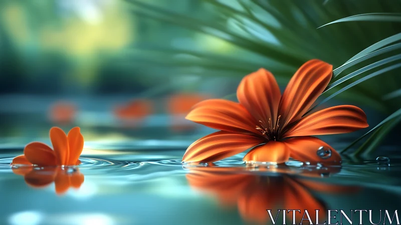 Orange Florals on Wet Surface with Depth-of-Field Rendering