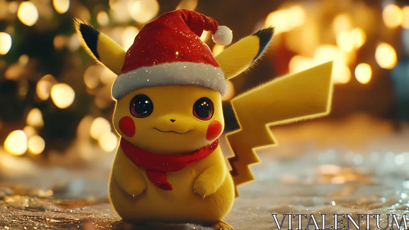 Pikachu wears Santa hat in soft glowing holiday bokeh