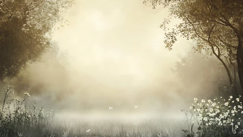 Misty sunlit meadow bordered by trees and wildflowers.