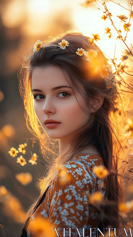 Young woman among yellow flowers in warm backlight portrait.