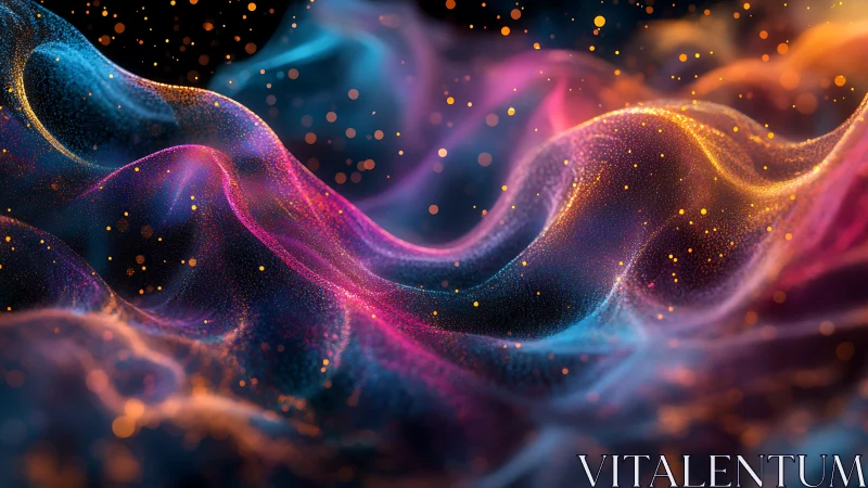 Digital painting of luminous particle waves in motion space.