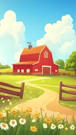 Sunny red barn stands amid wildflowers on a country lane.