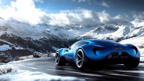 Aerodynamic blue supercar contrasts with expansive alpine snowfield