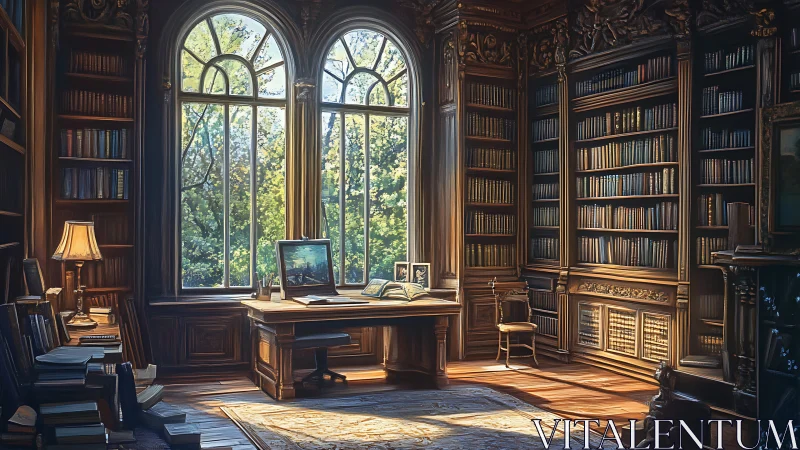 Sunlit neoclassical library interior with digital workstation