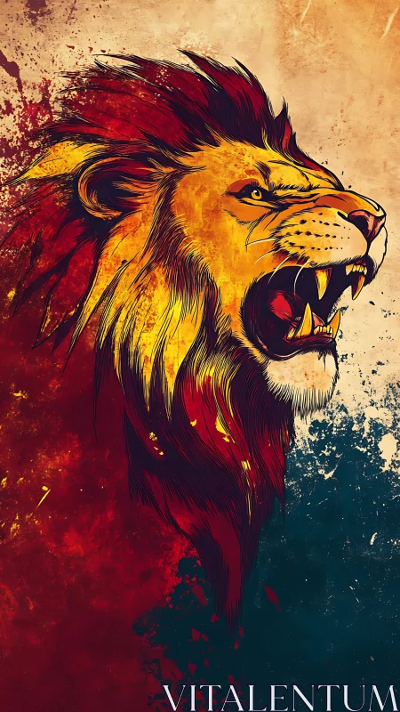 Roaring lion head slices through fiery abstract color field