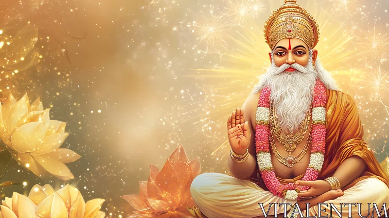 Divine sage in golden aura blesses amid luminous lotus blooms