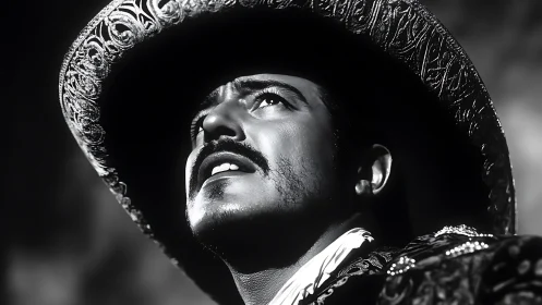 Sombrero of shadows and spotlight dreams in monochrome glow.