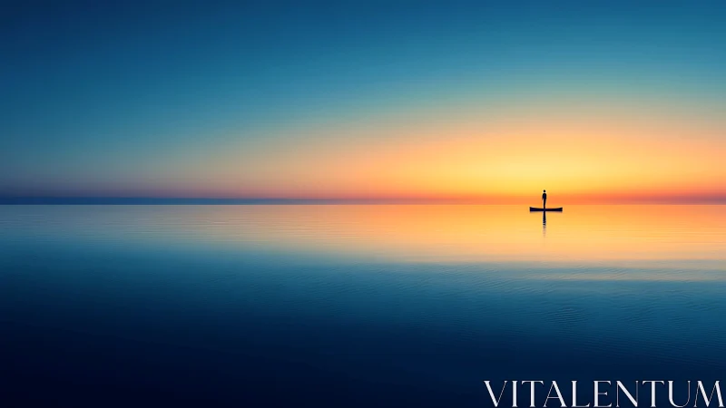 Isolated canoe silhouette on axially symmetric sunset horizon.