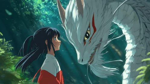 Girl confronts white dragon spirit in sunlit forest scene.