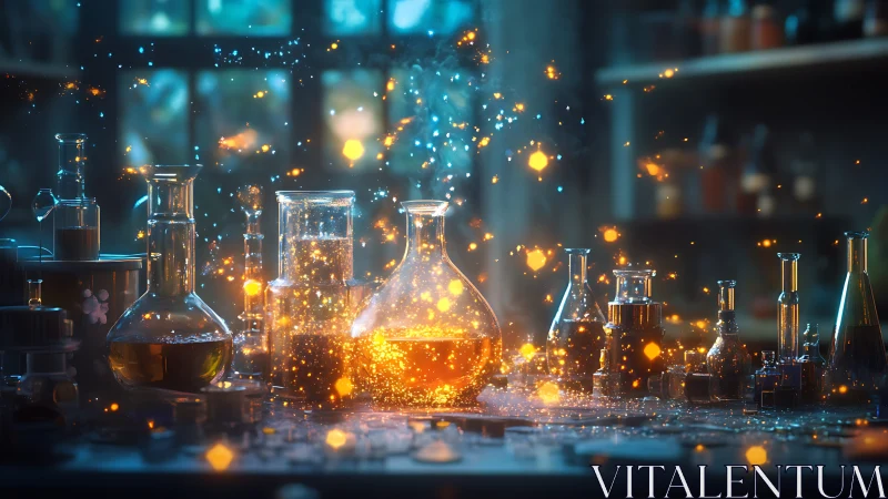 Luminous alchemical laboratory glassware with reactive sparks.