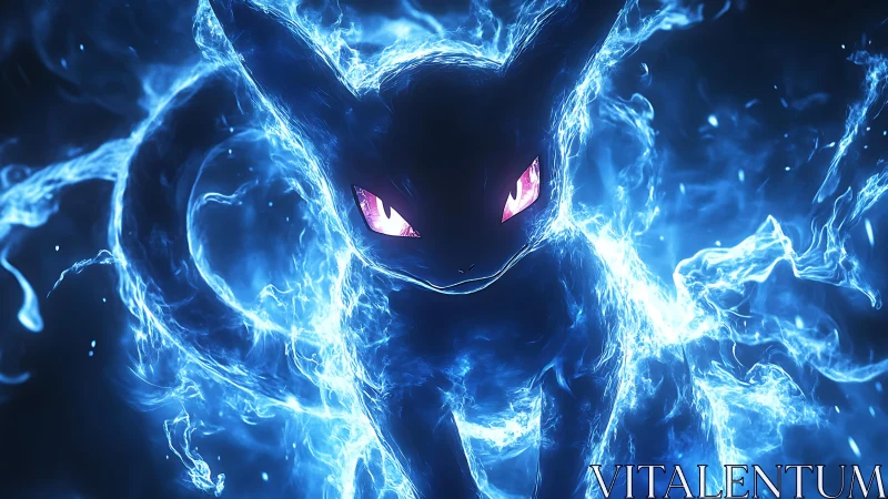 Electric feline spirit framed in vivid neon blue fire.