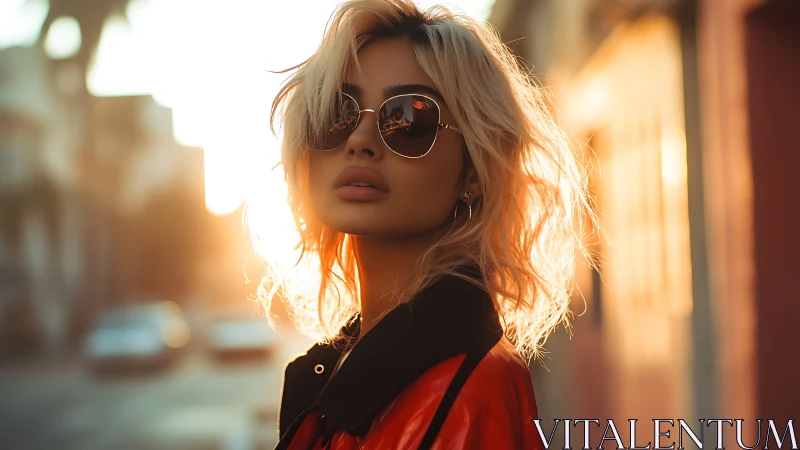 Sunlit blonde portrait in golden-hour urban backlighting.