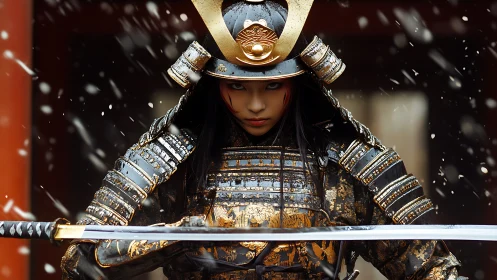 Snowlit warrior woman in ornate samurai armor poised to strike.