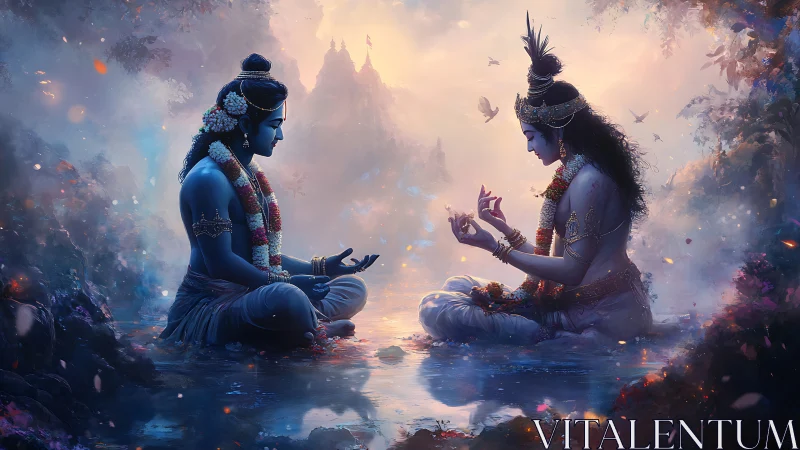 Divine blue figures meditating beside luminous forest pool.