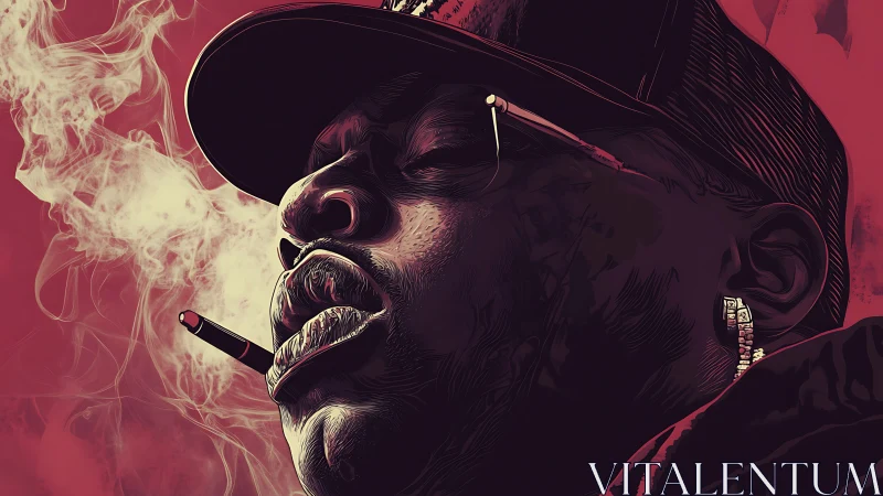 Vector portrait of smoking man in cap with stylized red haze