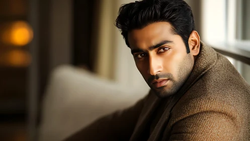 Man sits indoors wearing brown coat, looking at camera