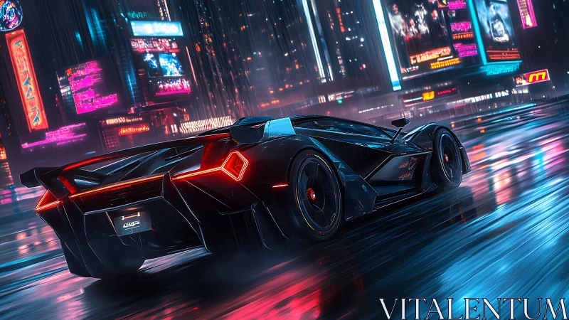Futuristic hypercar accelerates through neon‑lit cyberpunk avenue